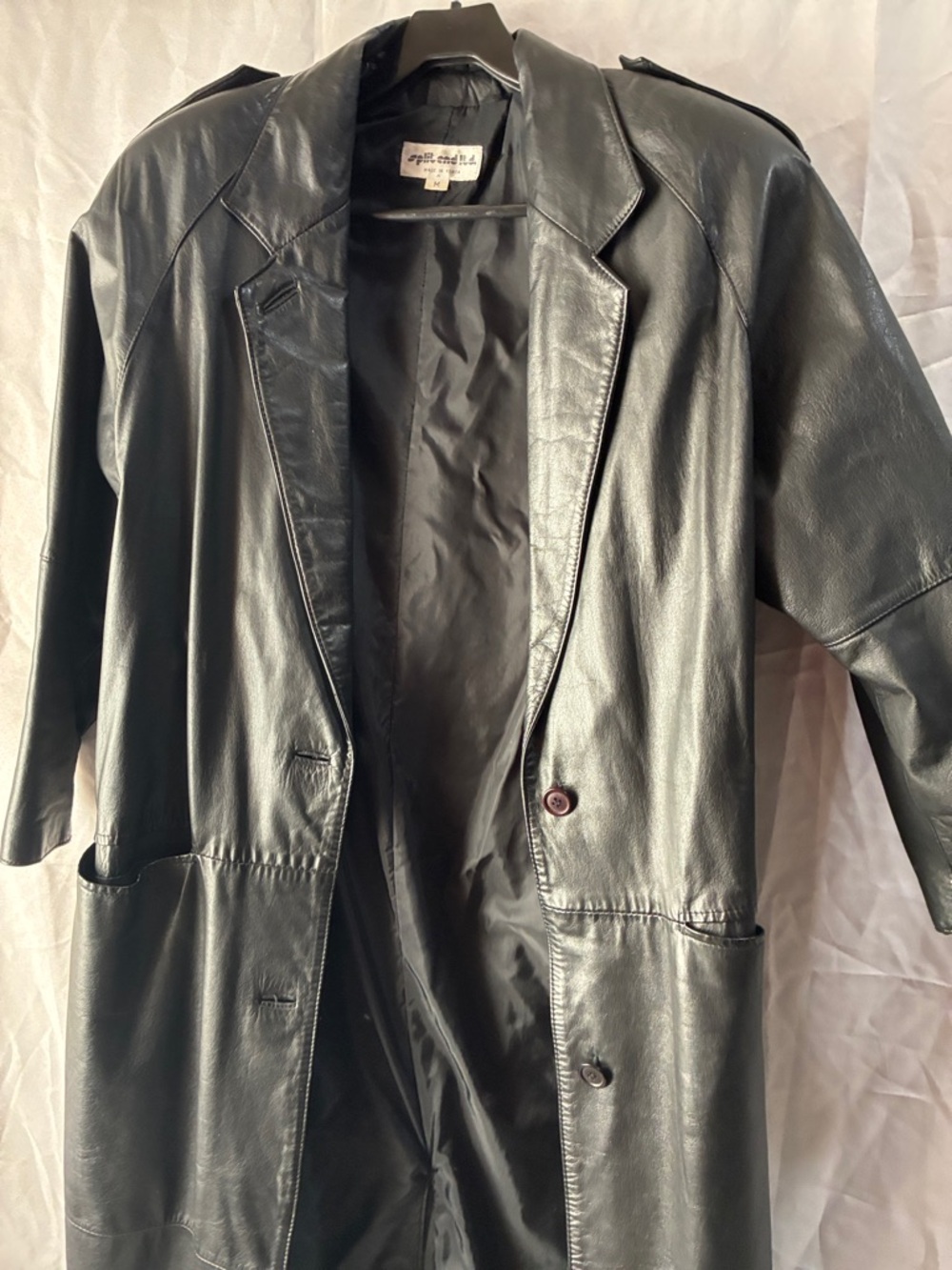 Black Leather Long Coat with Notch Lapels